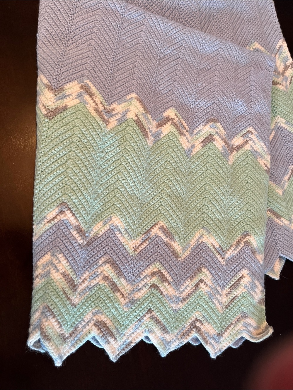 Handmade Chevron Knit Throw Blanket in Light Gray and Sage Green 40x32" - Picture 5 of 6